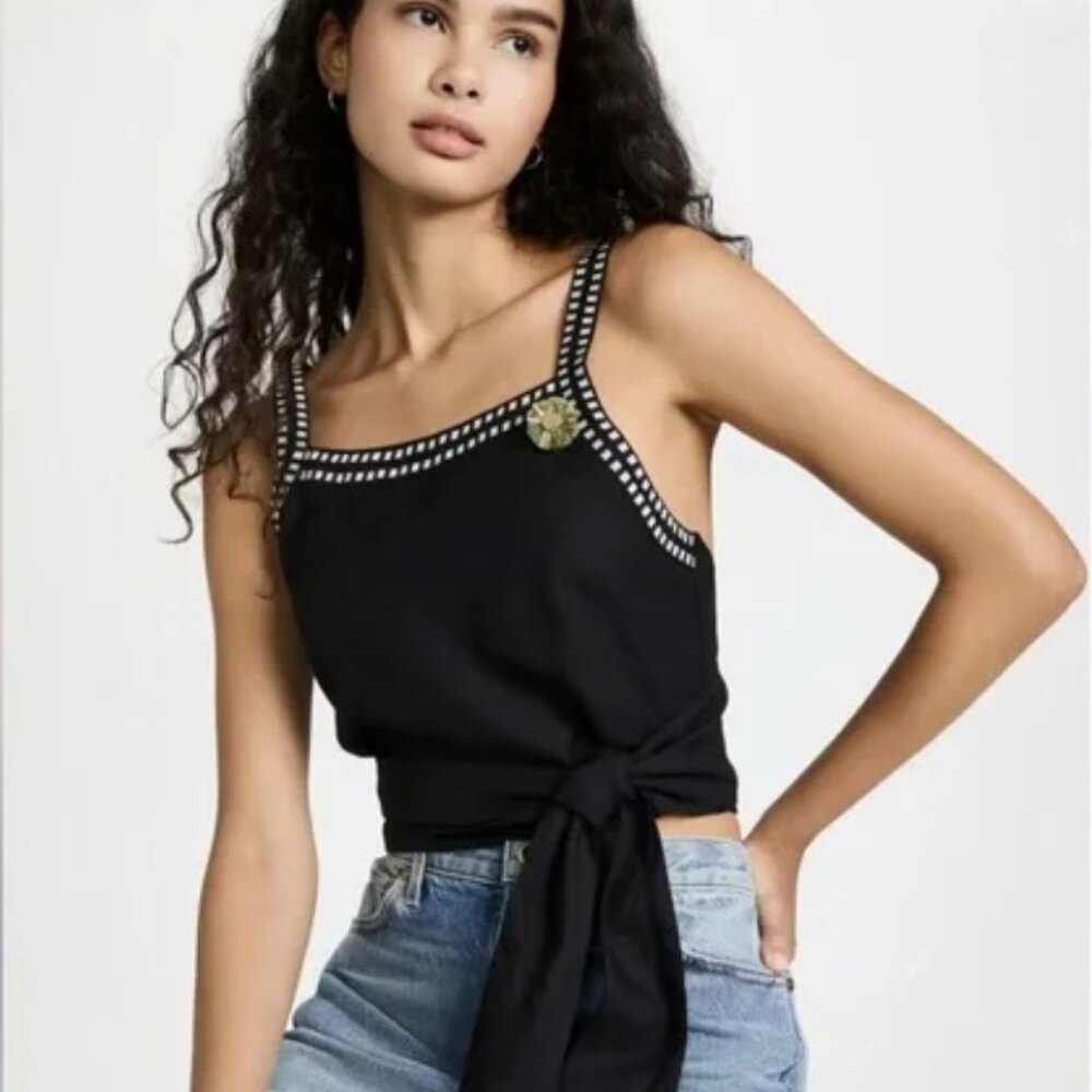 Scotch & Soda Black White Embroidered Square Neck Crop Top Tie Hem XS